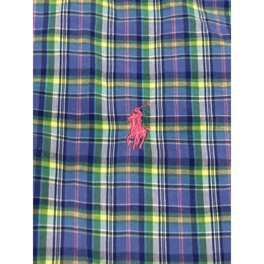 Ralph Lauren Youth Large 14-16 Blue Green Plaid Button Down Shirt Pony Logo
